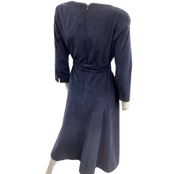 ‘S MaxMara Dress Women’s Size 10 Corduroy Belted V-Neck Back Zipper Navy Blue - Picture 4 of 6